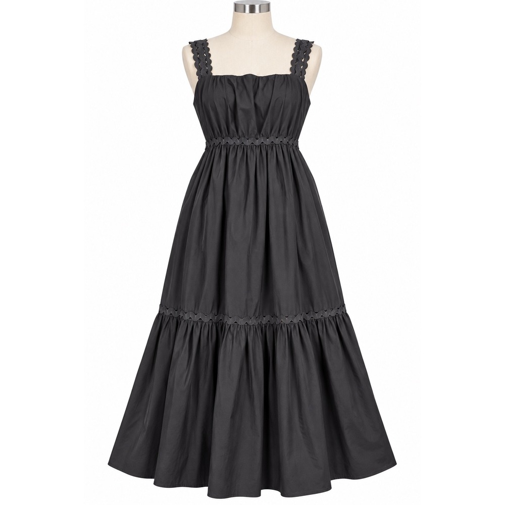 Donna Morgan Black Scalloped Trim Tiered wedding ruffle Square Neck Size 10 NEW